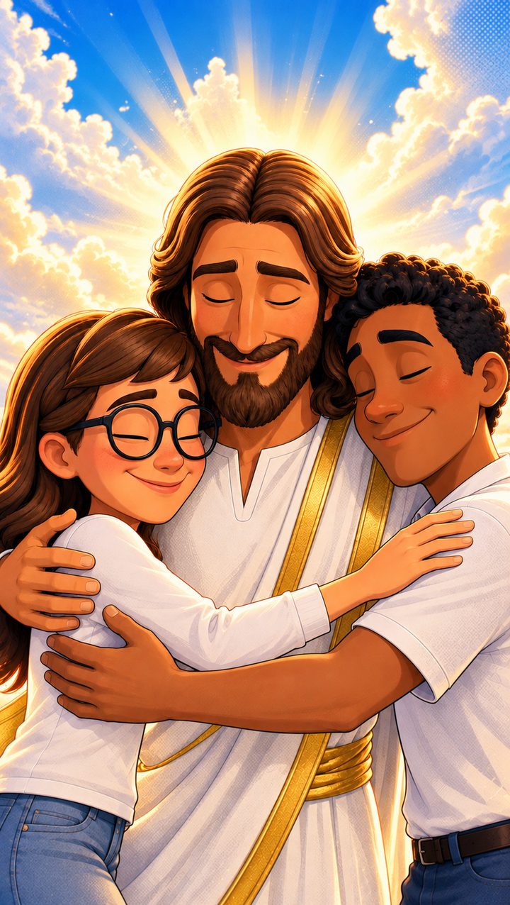Jesus hugging two happy children